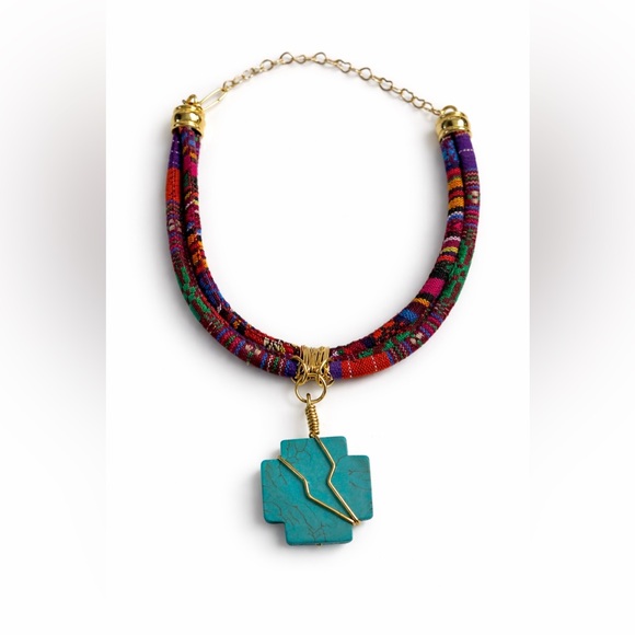 Boho Turquoise Cross Necklace | Colorful Fabric Cord Statement Necklace - Picture 2 of 9